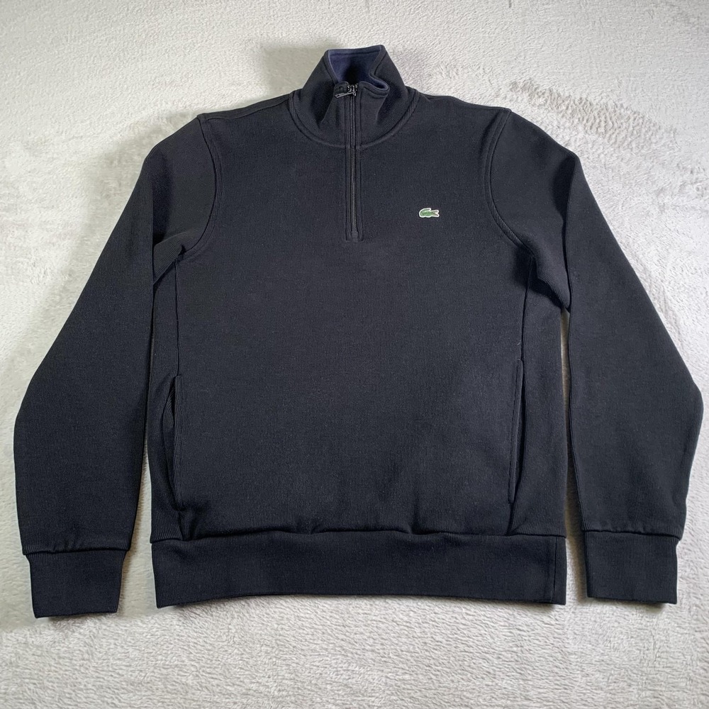 Lacoste Sweatshirt Mens Size 5 Black 1/4 Zip Cotton Pullover Pockets Logo